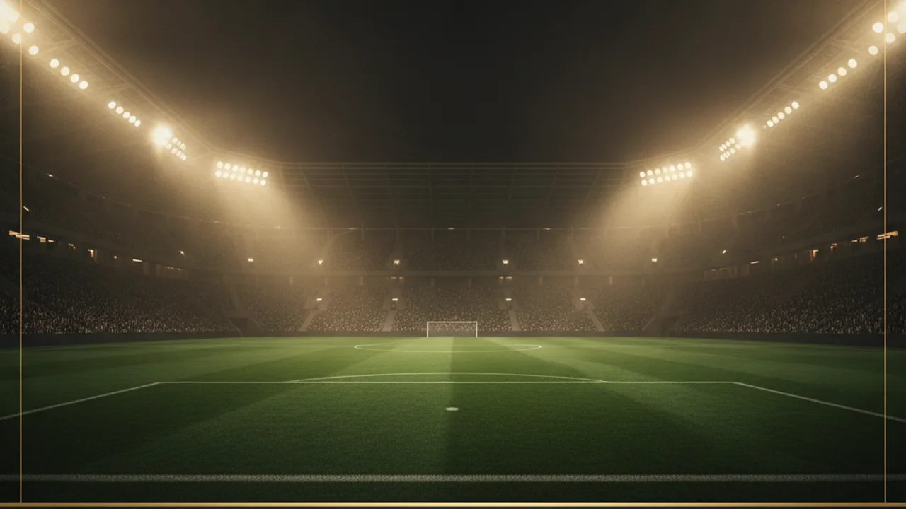 Gece floodlight'lı futbol stadyumu, saha zemininden, ince altın Art Deco çerçeve