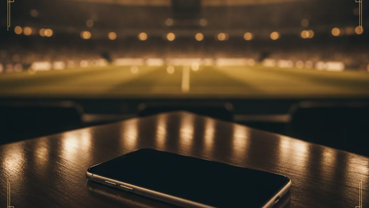 Koyu mermerde boş ekranlı telefon, ince Art Deco altın çerçeve